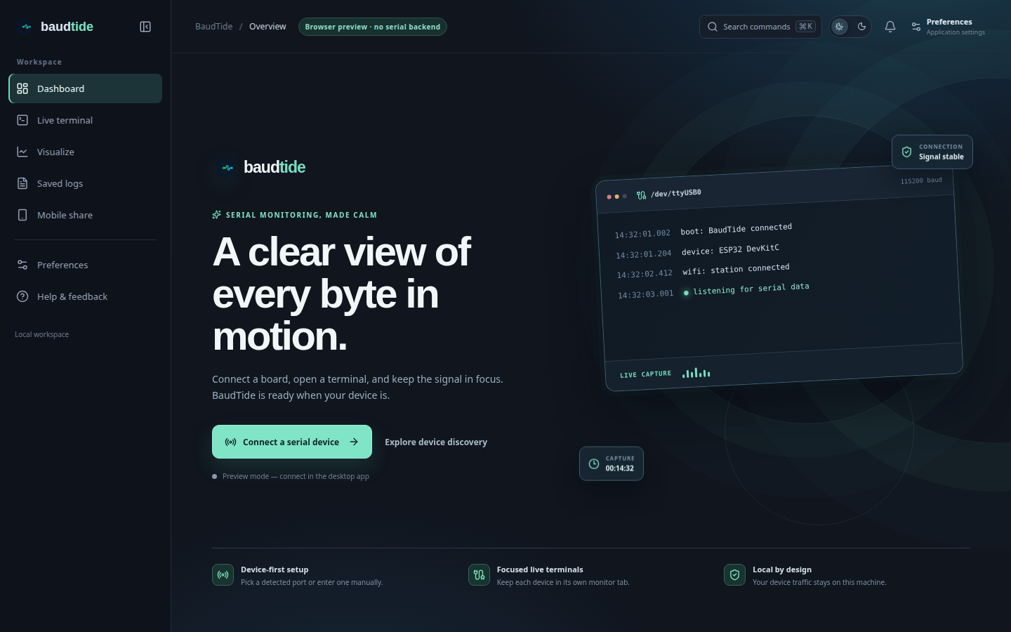 BaudTide welcome screen showing a live serial capture preview and device-first setup.