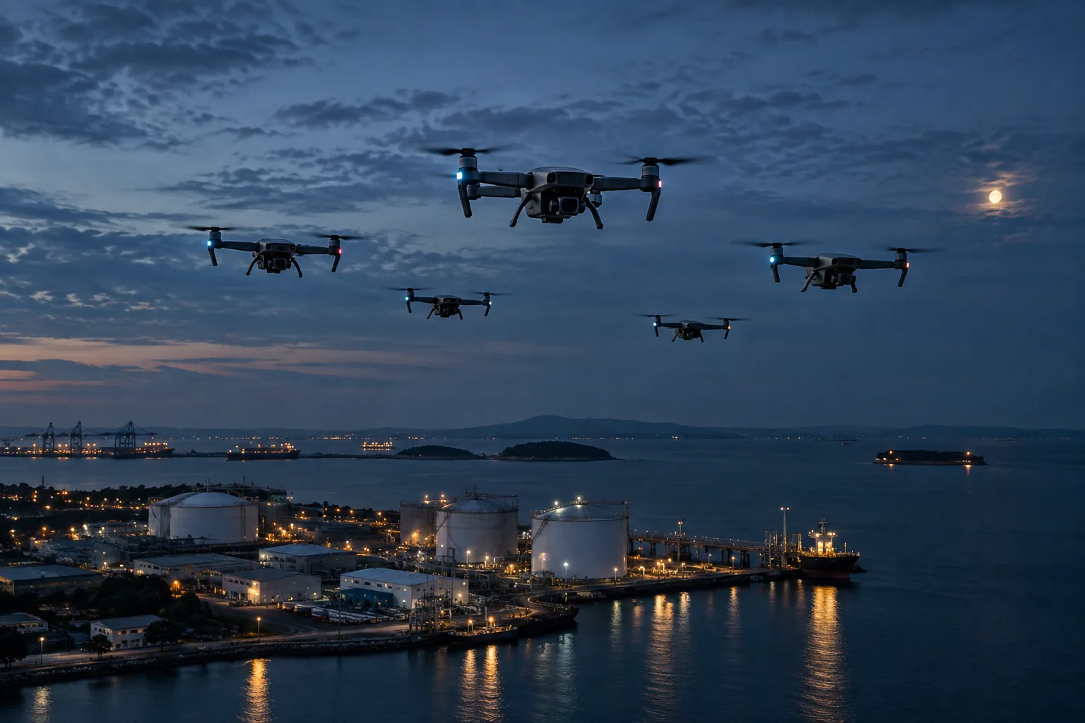 A coordinated group of autonomous drones above a coastal industrial port at blue hour