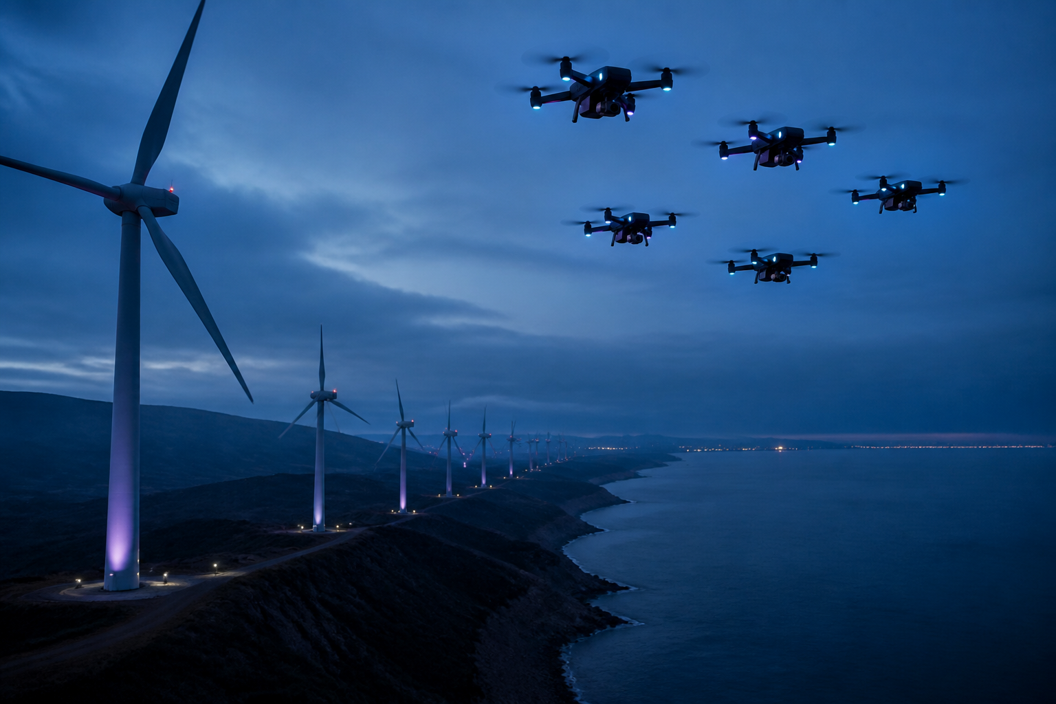 A formation of inspection drones flying above a coastal wind farm