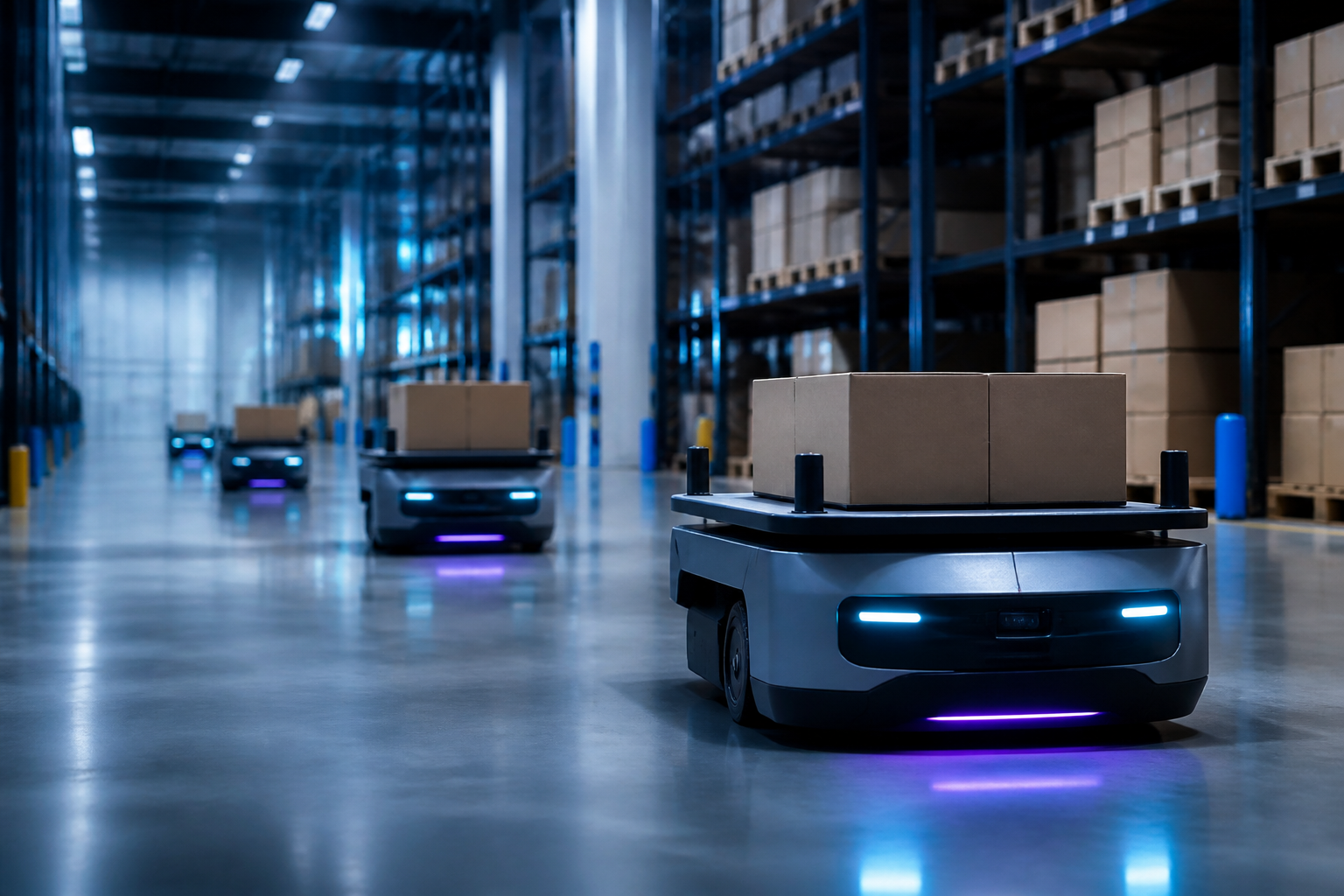 Autonomous mobile robots carrying boxes through a clean logistics warehouse