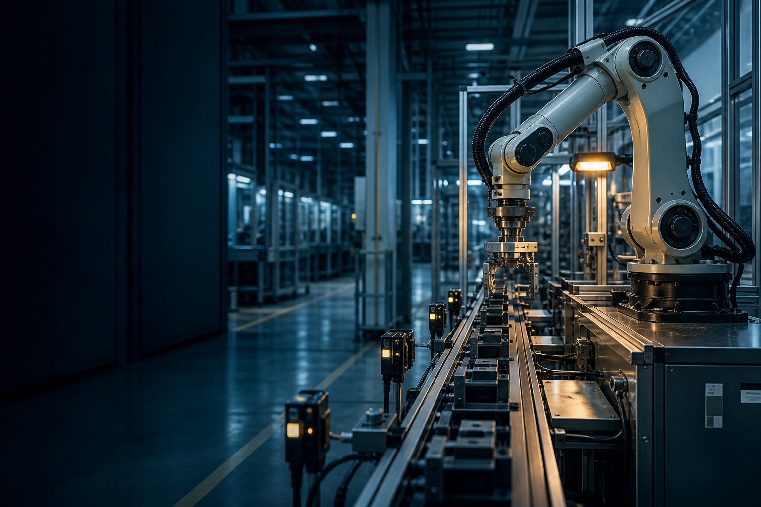 Robotic arm and sensor-equipped conveyor line inside a modern factory