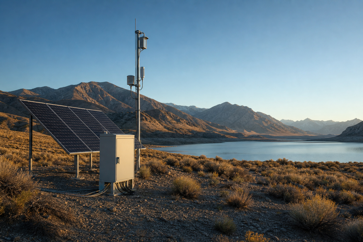 Off-grid monitoring station with solar panels beside a mountain reservoir